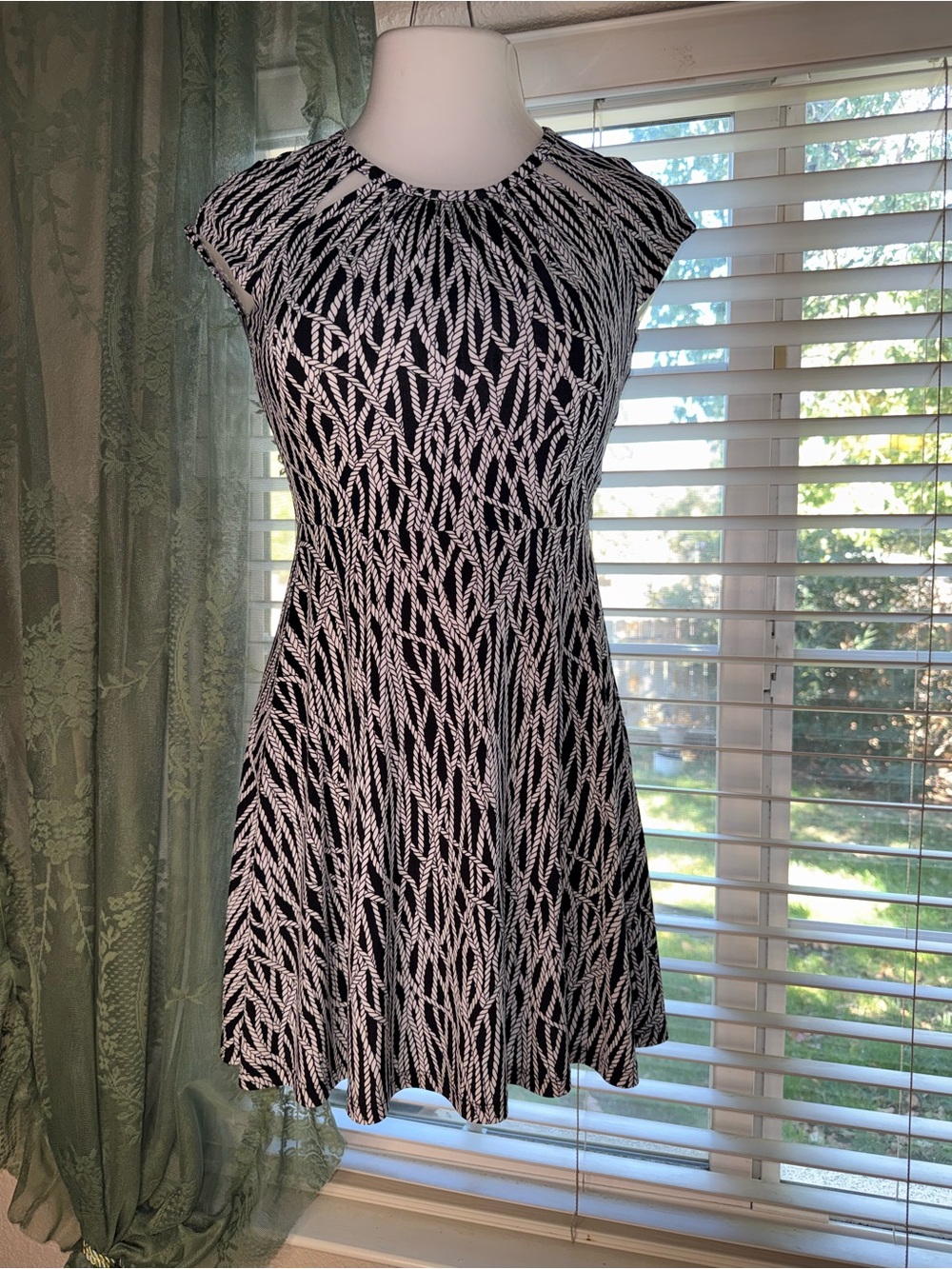 Michael Kors Black and White Cap-Sleeve Fit-and-Flare Dress
